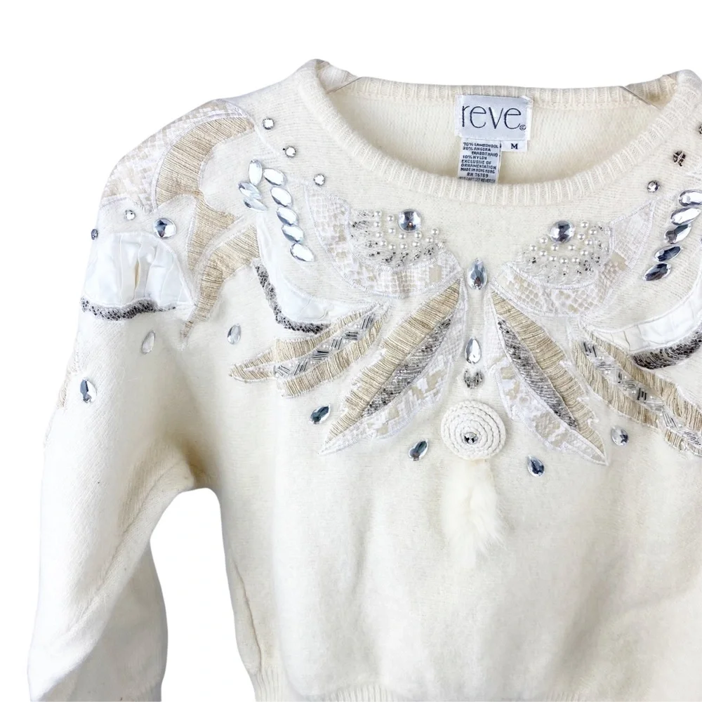 Vintage Reve Ivory Lambswool Rabbit Hair Angora Embroidered Sweater Size Medium - Picture 2 of 9